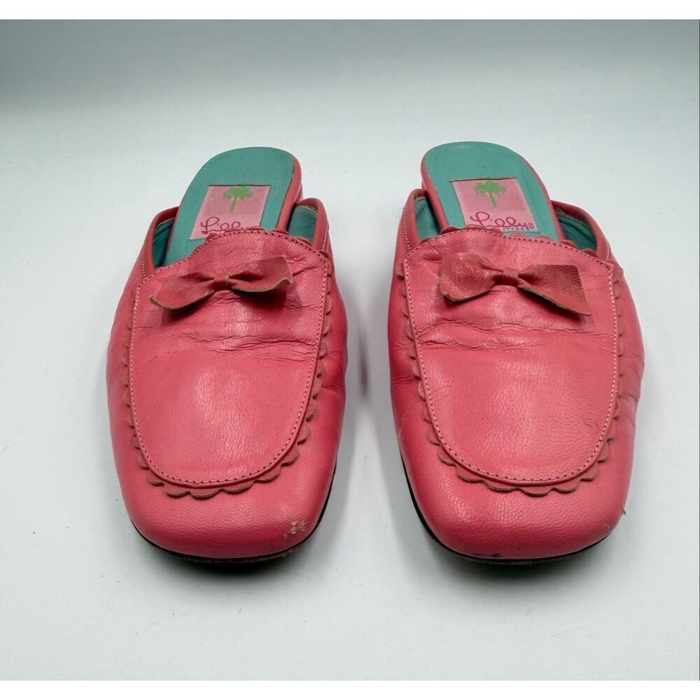 Vintage Lilly Pulitzer Pink Leather Mule Loafers Size 6 Bow Slip On Preppy